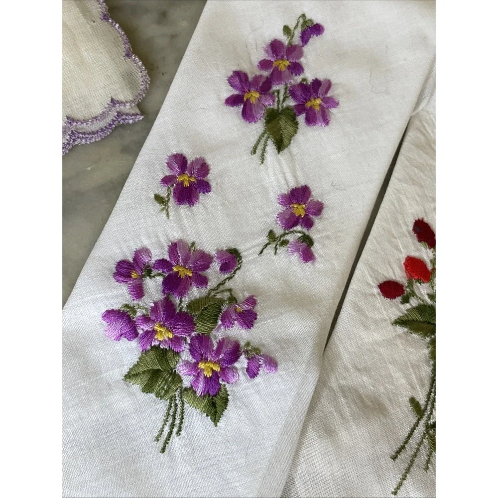 Two Sets European WWII Era Sweetheart Napkins | Embroidered Flowers Floral Linen